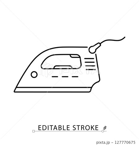 An electric iron icon in minimalist style with editable stroke. Steam appliance, garment care, laundry tool, fabric smoothing, household equipment, outline object, vector line illustration. 127770675