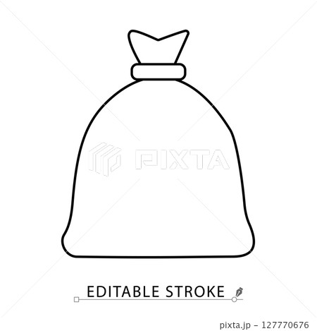 A trash bag icon in minimalist style with editable stroke. Garbage sack, waste disposal, plastic bag, cleaning object, sanitation symbol, rubbish container, outline illustration, vector icon. A trash bag icon in minimalist style with editable stroke. Garbage sack, waste disposal, plastic bag, cleaning object, sanitation symbol, rubbish container, outline illustration, vector icon. 127770676