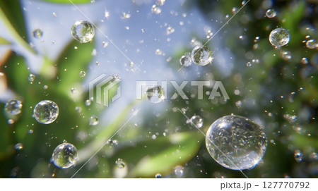 Transparent bubbles in lush greenery environment. Neural network AI generated Transparent bubbles in lush greenery environment. Neural network AI generated 127770792