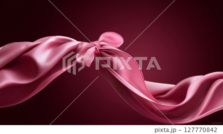 Elegant pink satin bow on rich burgundy background. Neural network AI generated 127770842