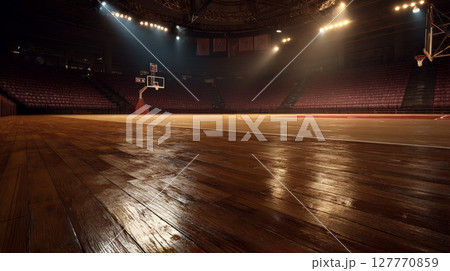 Dimly lit basketball court with hoop focus. Neural network AI generated 127770859