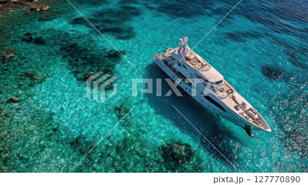 Big white yacht sailing in clear turquoise sea waters on a sunny day, aerial view Big white yacht sailing in clear turquoise sea waters on a sunny day, aerial view 127770890