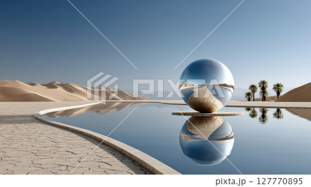 Futuristic metallic sphere reflecting desert oasis with palm trees and sand dunes 127770895