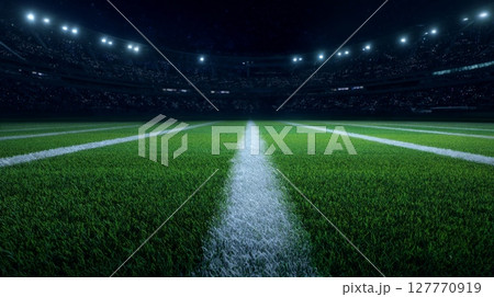 Illuminated football field at night with central line perspective. Neural network AI generated 127770919