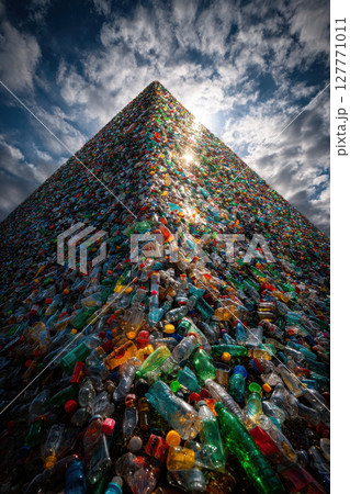 Towering plastic garbage pyramid symbolizing global environmental waste management challenge, recycling theme Towering plastic garbage pyramid symbolizing global environmental waste management challenge, recycling theme 127771011