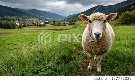 Curious sheep in scenic mountain valley with overcast skies and lush greenery 127771025