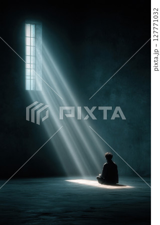 Contemplative solitude in dimly lit room with light beam through window for mental health awareness and reflection concept 127771032