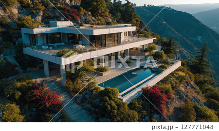Modern hillside villa with infinity pool and scenic mountain view at sunset 127771048