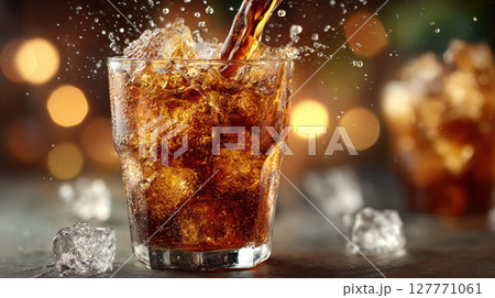 Refreshing glass of cola with ice cubes and sparkling bokeh lights 127771061