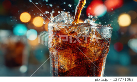 Refreshing ice-cold soda pour with splash and colorful bokeh background 127771068