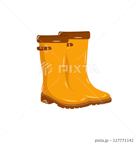 Vector illustration of classic yellow rubber boots. Bright, isolated design perfect for weather icons, gardening themes, fashion concepts, packaging, advertising, and seasonal projects. Vector illustration of classic yellow rubber boots. Bright, isolated design perfect for weather icons, gardening themes, fashion concepts, packaging, advertising, and seasonal projects. 127771142
