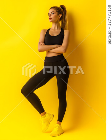 young athletic girl standing in sportswear with crossed arms on bright background. Full length 127771159