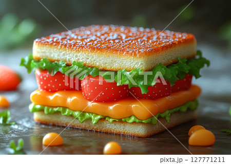Sandwich with a strawberry and tomato on it 127771211