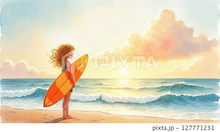 サーフボードを持って海を見つめる女の子 127771231