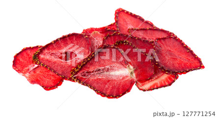 Dried strawberry slices isolated on white background. Dehydrated strawberries chips. Clipping path. 127771254