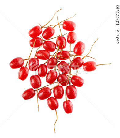 Elaeagnus multiflora isolated on white background. Cherry elaeagnus or cherry silverberry. Goumi or gumi berry. Top view. 127771265