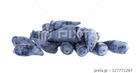 Honeysuckle berry isolated on white background. Fresh honeysuckle blue berry fruits. Clipping path. 127771267