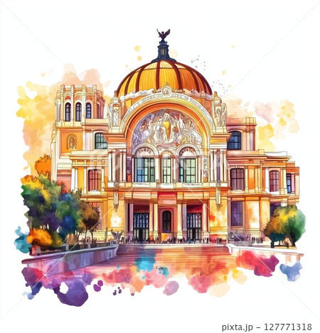 Bellas Artes Palace. Bellas Artes Palace hand drawn watercolor illustration Bellas Artes Palace. Bellas Artes Palace hand drawn watercolor illustration 127771318