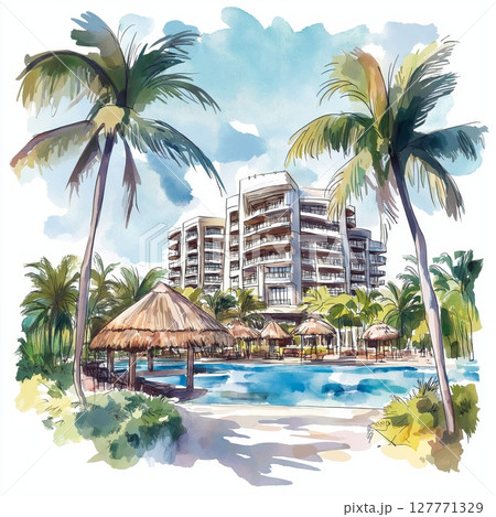 Cancun Hotel Zone. Cancun Hotel Zone hand drawn watercolor illustration Cancun Hotel Zone. Cancun Hotel Zone hand drawn watercolor illustration 127771329