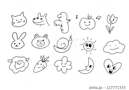 【手描きキャラ素材セット】動物と食べ物と自然モチーフのかわいい線画アイコン（顔つき） 127771335