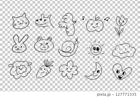 【手描きキャラ素材セット】動物と食べ物と自然モチーフのかわいい線画アイコン（顔つき） 127771335