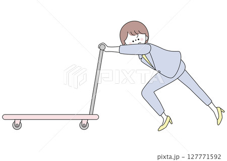 かなり重たい台車を一生懸命押すスーツ姿の女性イラスト 127771592