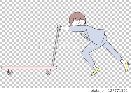 一位穿著西裝的女士推著一輛很重的推車的插圖 一位穿著西裝的女士推著一輛很重的推車的插圖 127771592