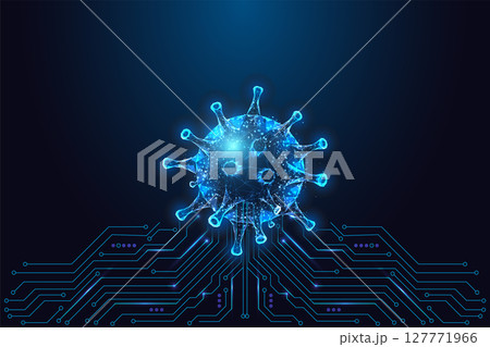 Digital virus low poly wireframe above circuit board, healthcare and biotech future concept vector Digital virus low poly wireframe above circuit board, healthcare and biotech future concept vector 127771966