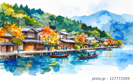 水彩風 秋の和の町並み イメージ 背景素材 16:9サイズ AI生成素材 127772009