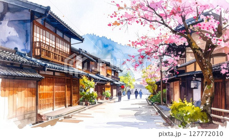 水彩風 春の和の町並み イメージ 背景素材 16:9サイズ AI生成素材 127772010