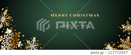 Christmas illustration with golden snowflakes on green. 127772057