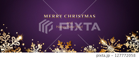 Christmas illustration with golden snowflakes on purple. 127772058