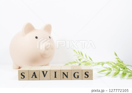 貯金と節約を象徴する豚の貯金箱とSAVINGS 貯金と節約を象徴する豚の貯金箱とSAVINGS 127772105