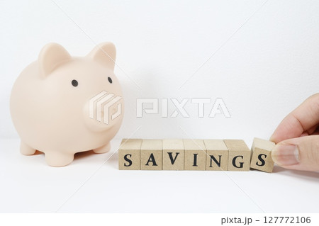 貯金と節約を象徴する豚の貯金箱とSAVINGS 127772106