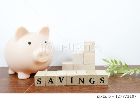 貯金と節約を象徴する豚の貯金箱とSAVINGS 127772107