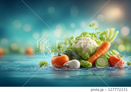 Fresh Fruits and Vegetables Splashing into Clear Blue Water for a Healthy Food Display 127772231