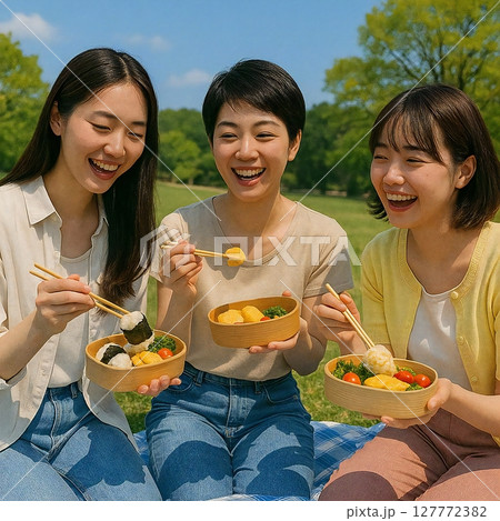 お弁当を広げて芝生でピクニックをする姿の場面を生成 127772382