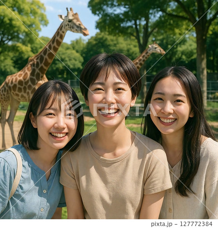 キリンの前で笑顔を見せる仲良し3人の姿の場面を生成 127772384