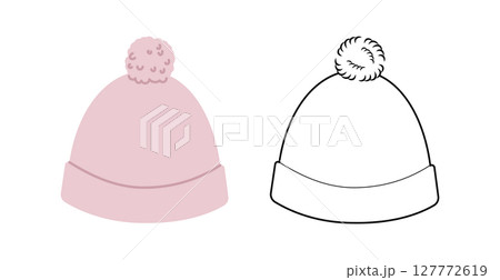 Bobble Hat with pompom. Knitted Winter Head Fashion accessory cap clothing technical illustration. Vector headgear 127772619
