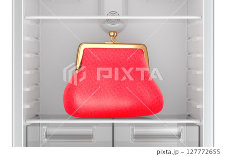 Empty fridge with coin purse inside. Food budget saving concept. 3D rendering 127772655