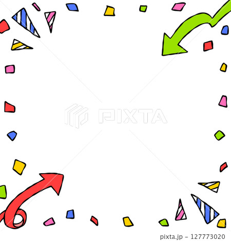 手書きのデコレーションフレーム、背景、紙吹雪、矢印、正方形サイズ 127773020
