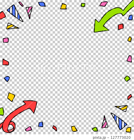手書きのデコレーションフレーム、背景、紙吹雪、矢印、正方形サイズ 127773020