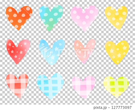 Hand drawn hearts. Watercolor vector illustration. Polka dot and checkered patterns. Hand drawn hearts. Watercolor vector illustration. Polka dot and checkered patterns. 127773097