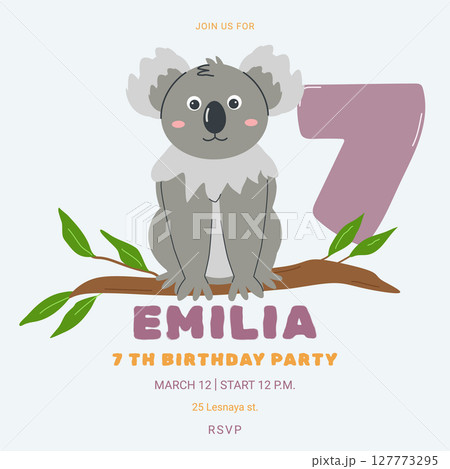 Invitation childrens birthday party with cute koala and number. Celebration seventh birthday. Greeting card template for children. Vector illustration. Invitation childrens birthday party with cute koala and number. Celebration seventh birthday. Greeting card template for children. Vector illustration. 127773295