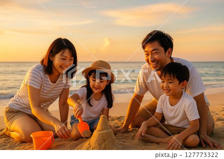 Beach fun, 夕焼けの海辺で家族が砂遊びを楽しむ瞬間 127773322