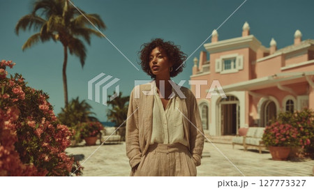 Woman in Stylish Outfit by Pink Building and Lush Greenery 127773327