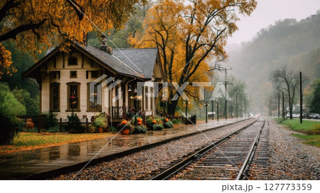 Rainy Autumn Day at a Charming Train Station 127773359