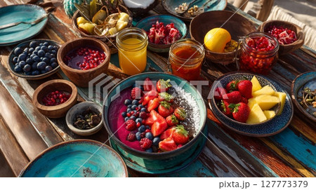 Colorful Summer Fruit Breakfast on Rustic Table 127773379