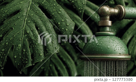 Green Shower Head Among Lush Tropical Leaves 127773380