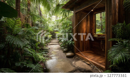 Rustic Wooden Outdoor Shower in Lush Rainforest 127773381